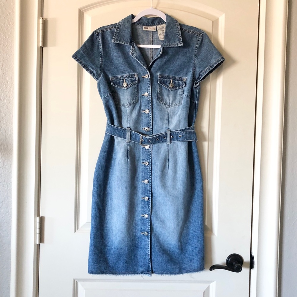 Vintage 90s Faded Glory Denim Button Down Mini Dress Size 4 Belted Frayed Hem